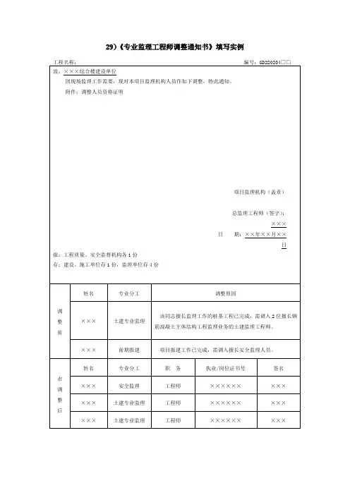 《专业监理工程师调整通知书》填写实例