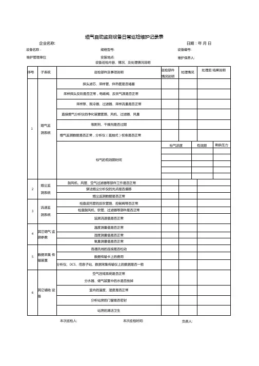 烟气自动监测设备日常巡检维护记录表