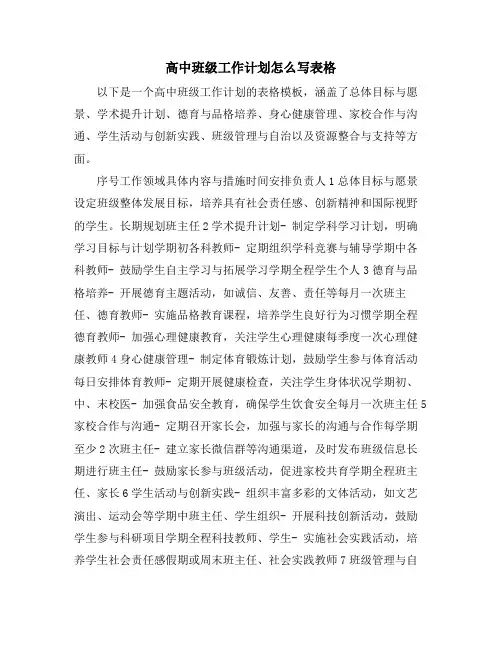 高中班级工作计划怎么写表格