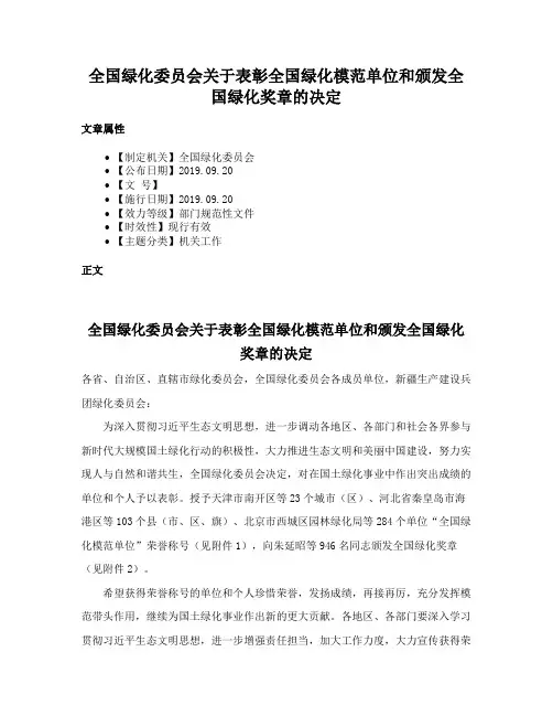 全国绿化委员会关于表彰全国绿化模范单位和颁发全国绿化奖章的决定