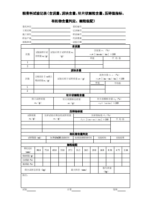 粗骨料试验记录(含泥量、泥块含量、针片状颗粒含量、压碎值指标、有机物含量判定、颗粒级配)