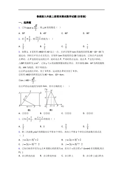 鲁教版九年级上册期末测试数学试题(含答案)
