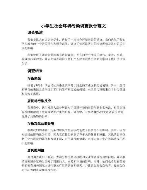 小学生社会环境污染调查报告范文