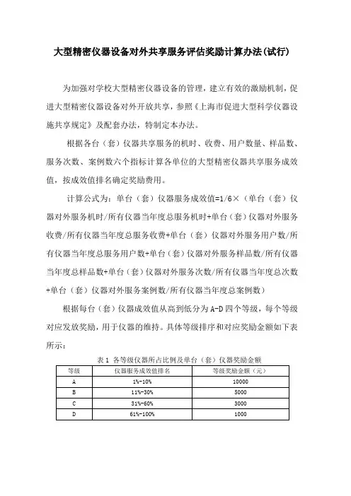 大型精密仪器设备对外共享服务评价奖励计算办法试行