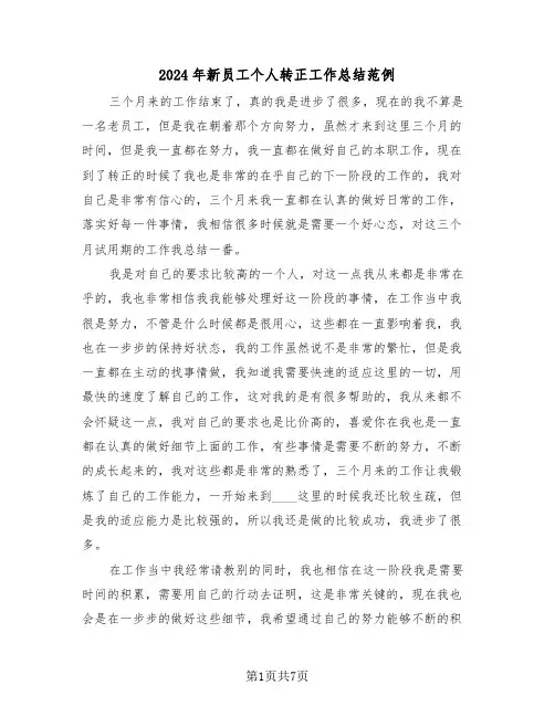2024年新员工个人转正工作总结范例（3篇）