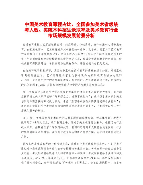 中国美术教育课程占比、全国参加美术省级统考人数、美院本科招生录取率及美术教育行业市场规模发展前景分析