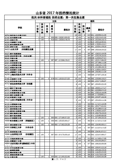 山东省2017年本科普通批第一次征集志愿投档情况统计表 理科排名版