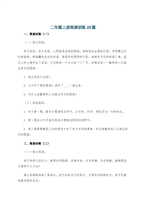 二年级上册阅读训练20篇