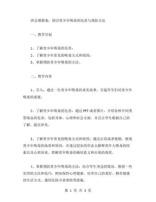 班会课教案：探讨青少年吸毒的危害与预防方法