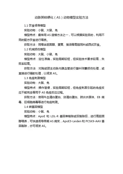动脉粥样硬化（AS）动物模型实验方法