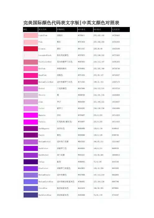 颜色代码表w完美国际文字版
