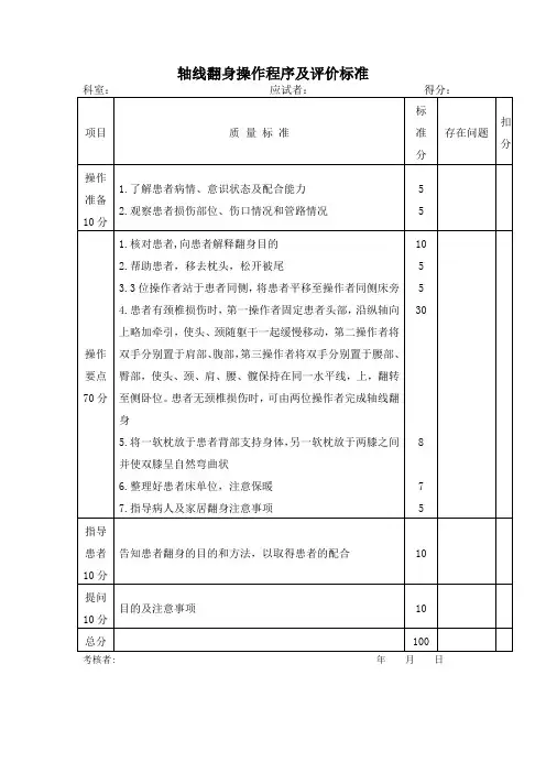 轴线翻身操作程序及评价标准