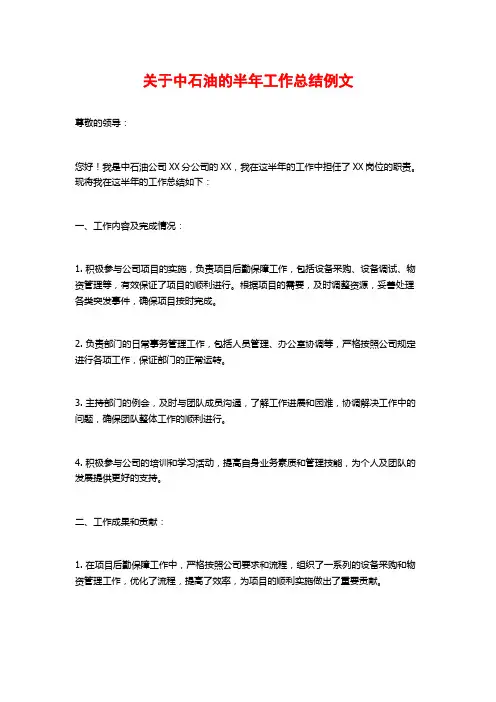 关于中石油的半年工作总结例文