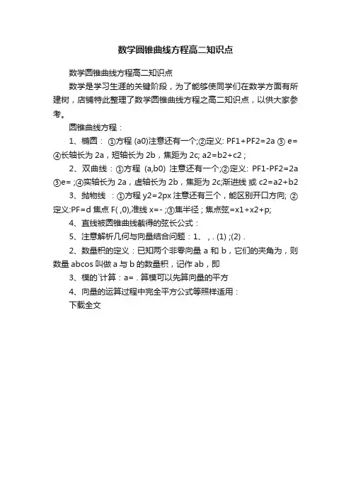 数学圆锥曲线方程高二知识点