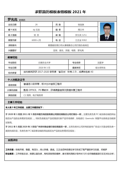 求职简历模板表格模板2021年