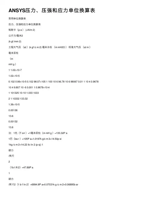 ANSYS压力、压强和应力单位换算表