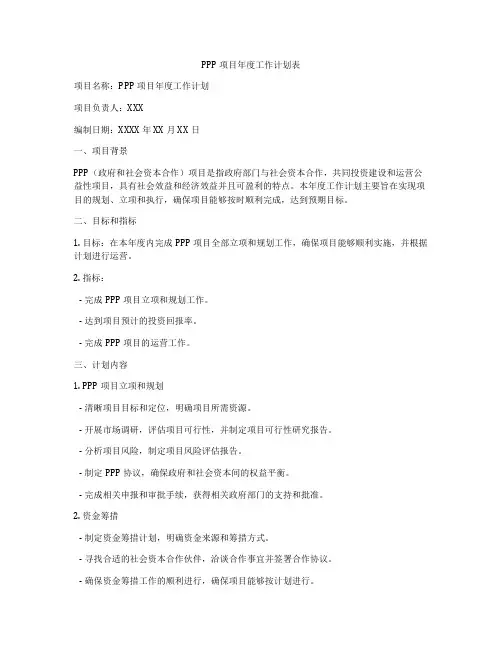 PPP项目年度工作计划表