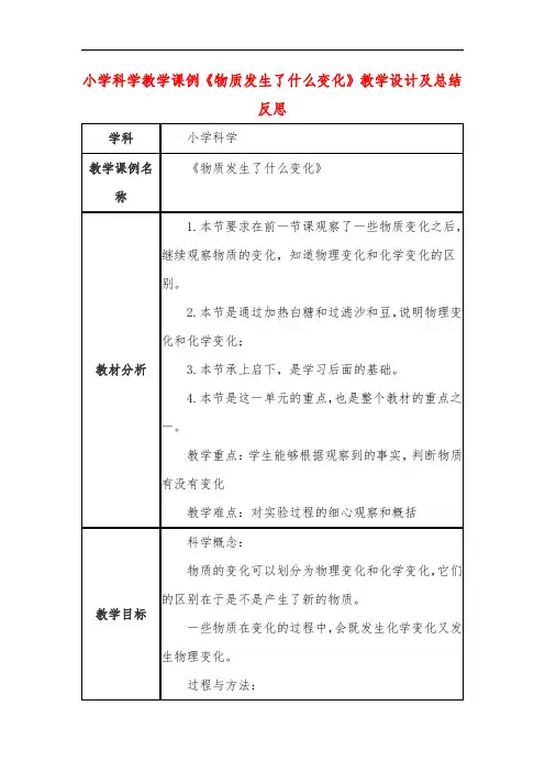 小学科学教学课例《物质发生了什么变化》课程思政核心素养教学设计及总结反思
