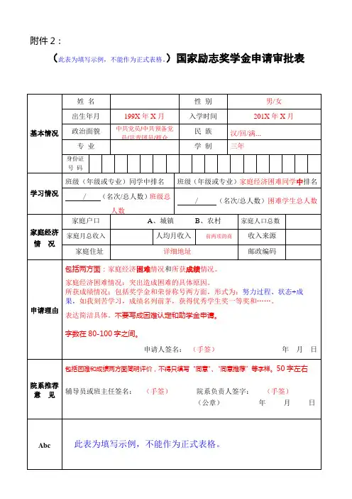 国家励志奖学金申请审批表(填写样表)