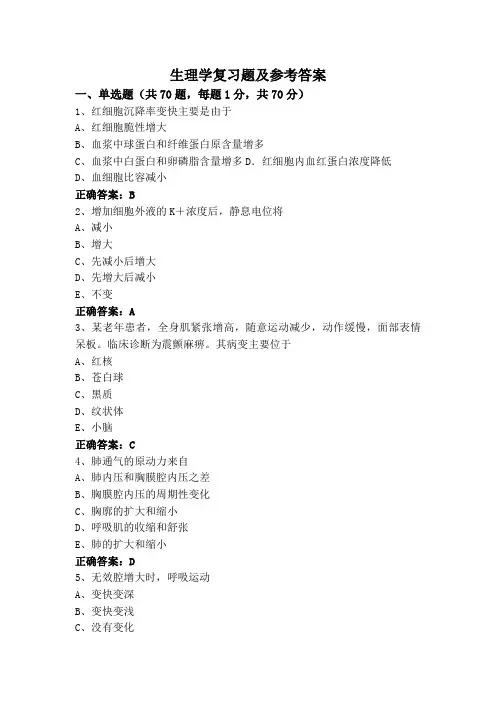 生理学复习题及参考答案
