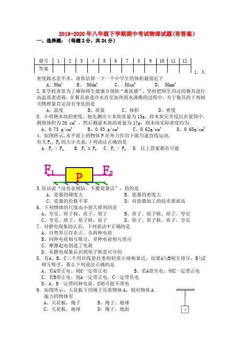 2019-2020年八年级下学期期中考试物理试题(有答案)