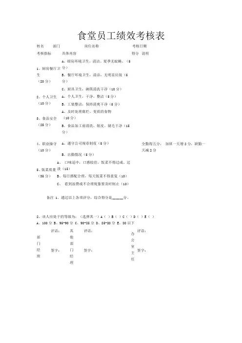 食堂员工绩效考核表