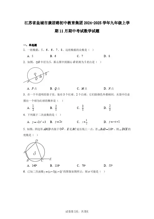 江苏省盐城市康居路初中教育集团2024-2025学年九年级上学期11月期中考试数学试题