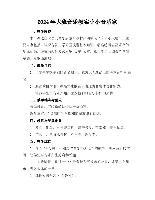 2024年大班音乐教案小小音乐家