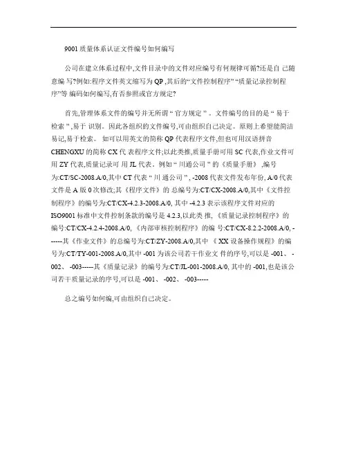 9001质量体系认证文件编号如何编写.