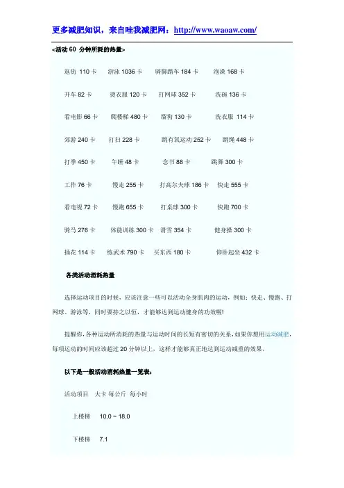 各种运动能量消耗表
