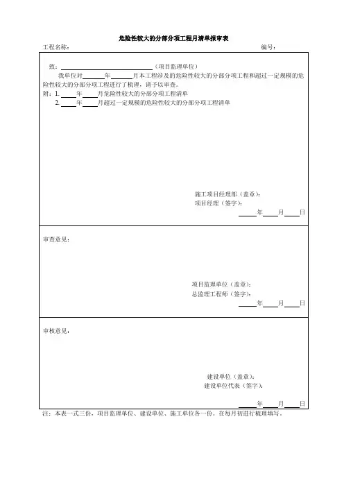 危险性较大的分部分项工程月清单报审表