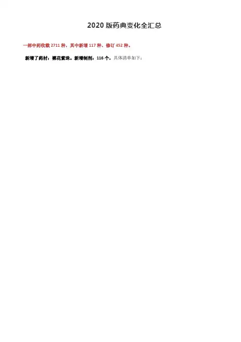 2020版药典变化全汇总