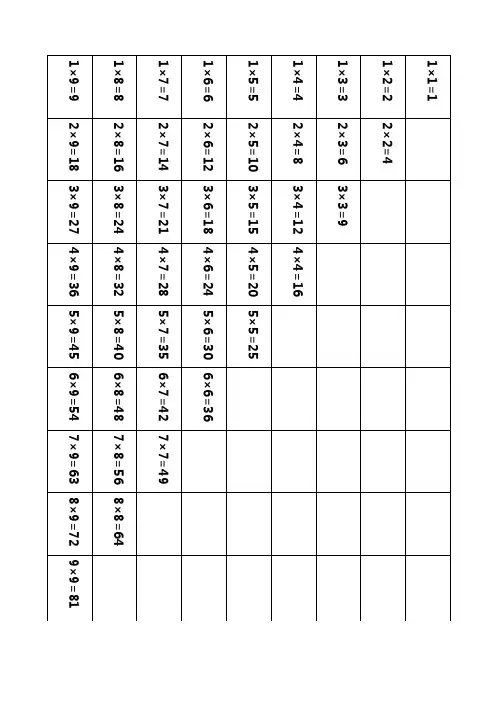 北师大二年级上数学乘法表(2023打印版)