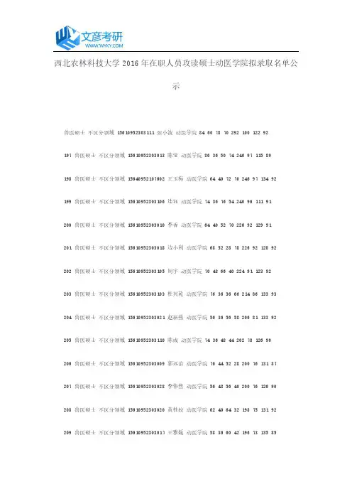西北农林科技大学2016年在职人员攻读硕士动医学院拟录取名单公示