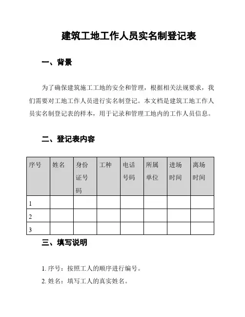 建筑工地工作人员实名制登记表