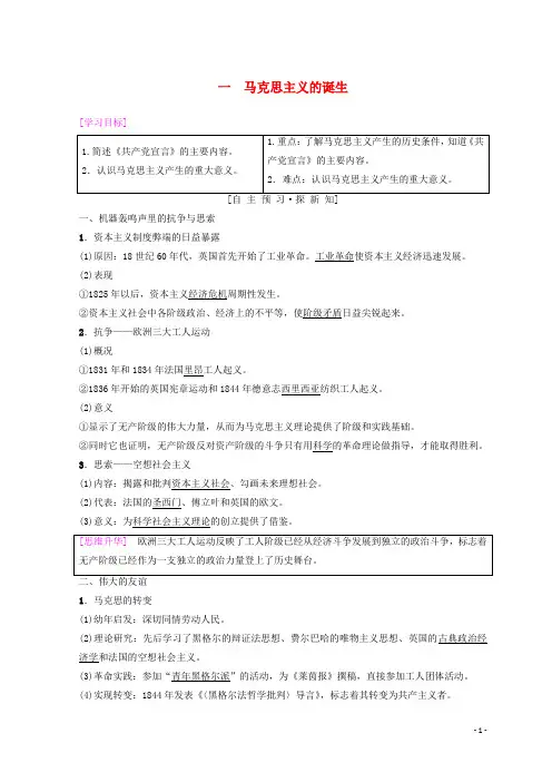 高中历史 专题8 解放人类的阳光大道 1 马克思主义的诞生学案 人民版必修1