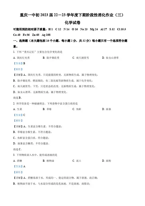 2023年重庆市沙坪坝区重庆一中中考一模化学试题(解析版)