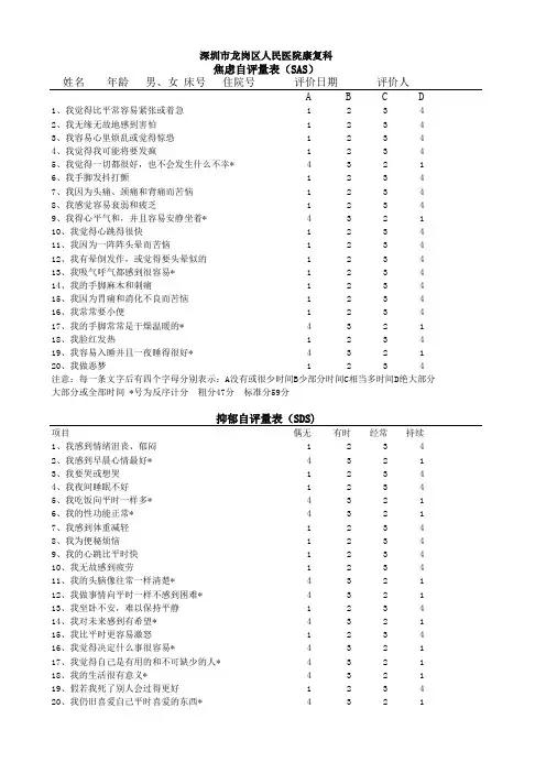 患者心理状态评估量表