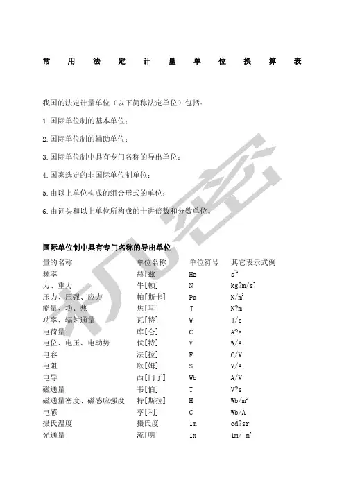 常用法定计量单位换算表