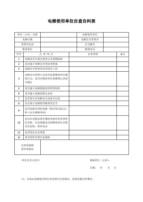 电梯使用单位自查自纠表