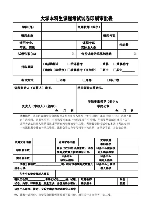 大学本科生课程考试试卷印刷审批表