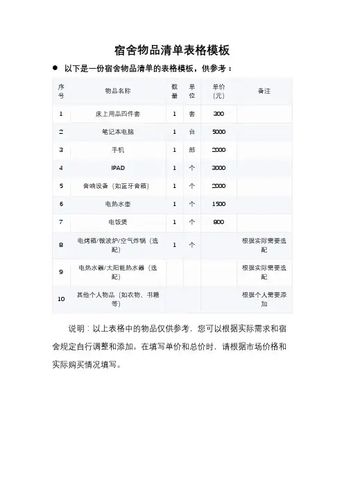 宿舍物品清单表格模板