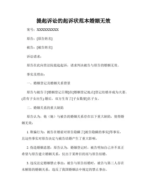 提起诉讼的起诉状范本婚姻无效