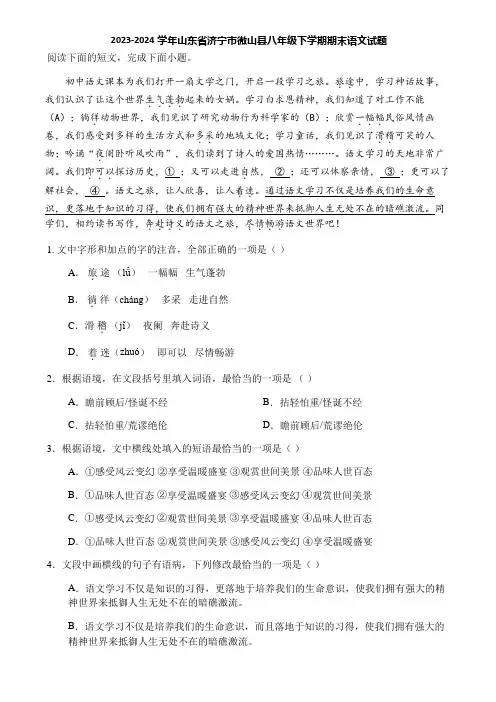 2023-2024学年山东省济宁市微山县八年级下学期期末语文试题