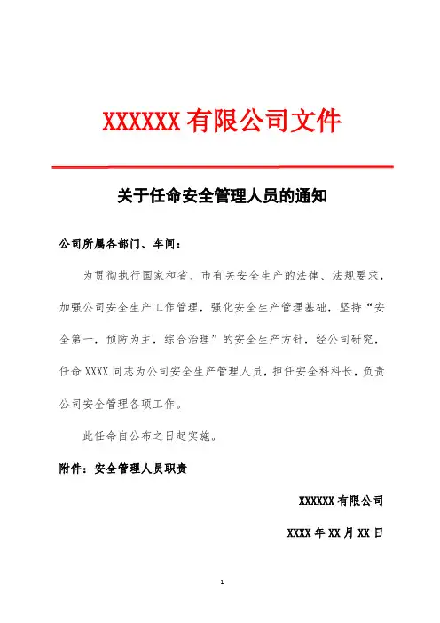 关于任命公司安全管理人员的通知(红头文件)