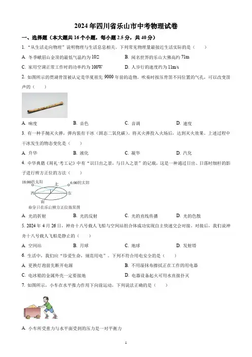 2024年四川省乐山市中考物理试题(含答案解析)
