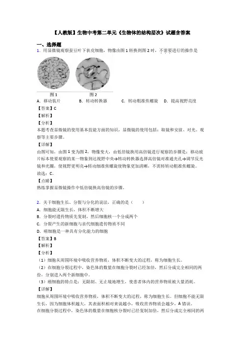 【人教版】生物中考第二单元《生物体的结构层次》试题含答案