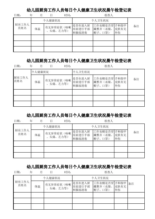 幼儿园厨房工作人员每日个人健康卫生状况晨午检登记表