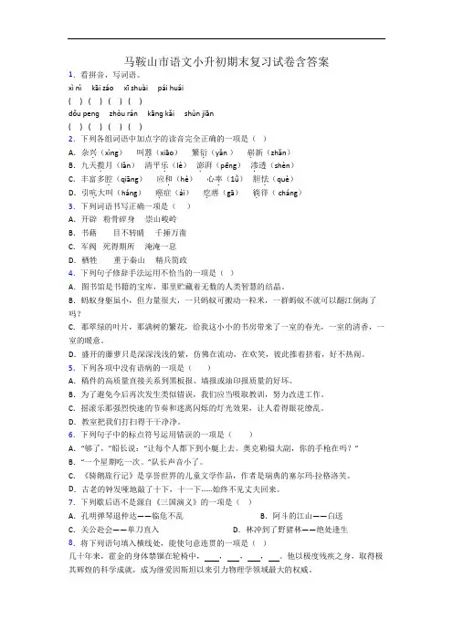 马鞍山市语文小升初期末复习试卷含答案