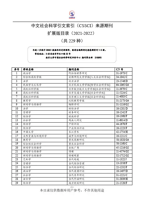 CSSCI(2021-2022年)扩展版目录-期刊投稿